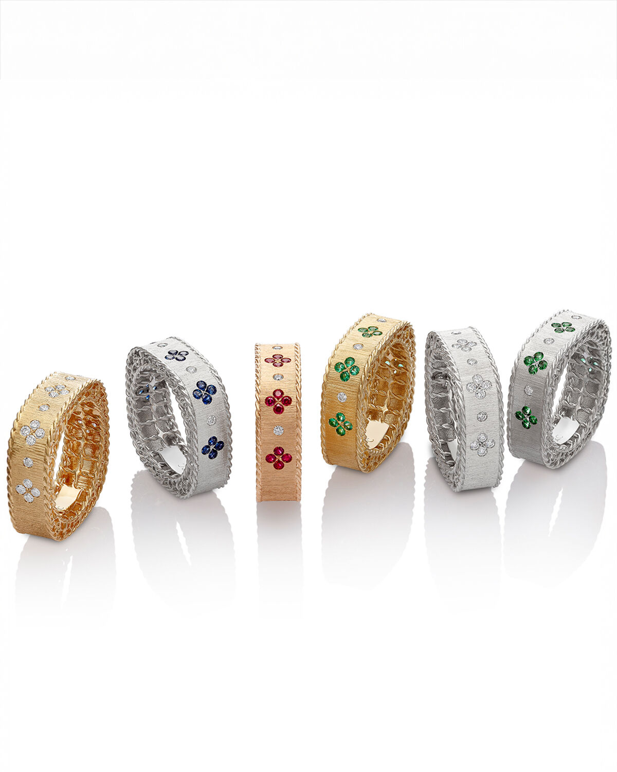 Die Princess Collection vereint Ringe aus Weiß-, Rosé- und Gelbgold mit Diamanten, Saphiren, Rubinen und Smaragden zu funkelnden Schmuckstücken voller floraler Eleganz und königlicher Anmut (Foto: PR Roberto Coin)