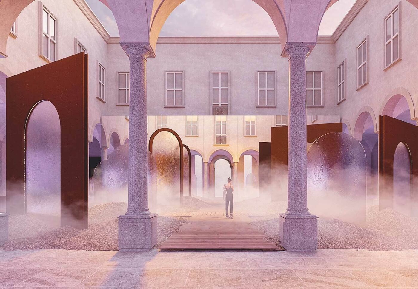 Rosiger Nebel wallte auf, bevor das Licht die Installation facettierter Glasflächen der tschechischen Manufaktur Lasvit purpurn überflutete. „Re/Creation“, von Lasvits Kreativdirektor Maxim Velkovsky (Foto: Courtesy of Lasvit)