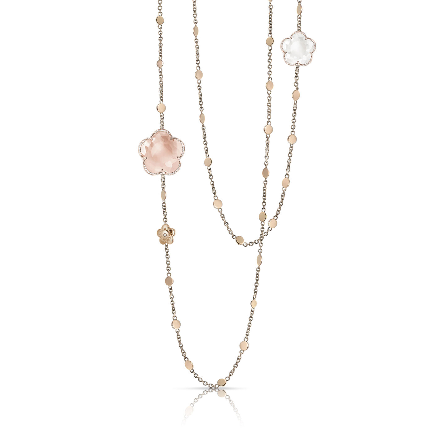 BLÜTENTR AUM Kette „Bon Ton Sautoir“ aus Roségold mit Rosenquarz, Milchquarz und Diamanten, von Pasquale Bruni, um 6290 Euro
